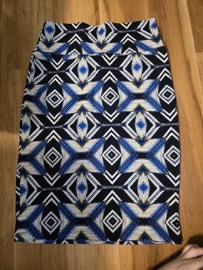 LuLaRoe Geometric Pencil Skirt in Blue, Black, White & Yellow